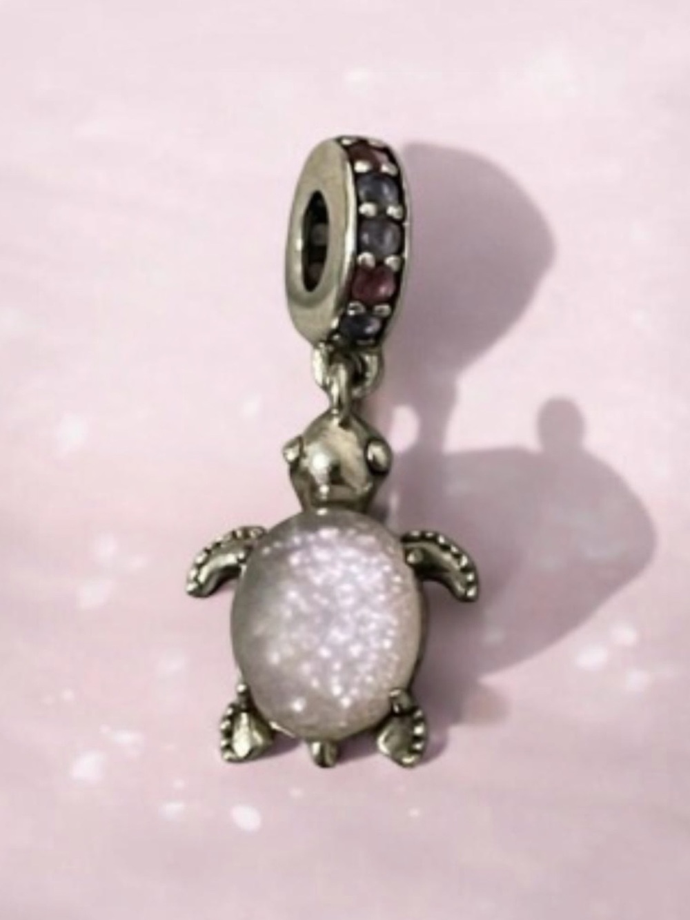 Pandora Sterling Silver Murano Turtle Charm Pendant in Light Pink